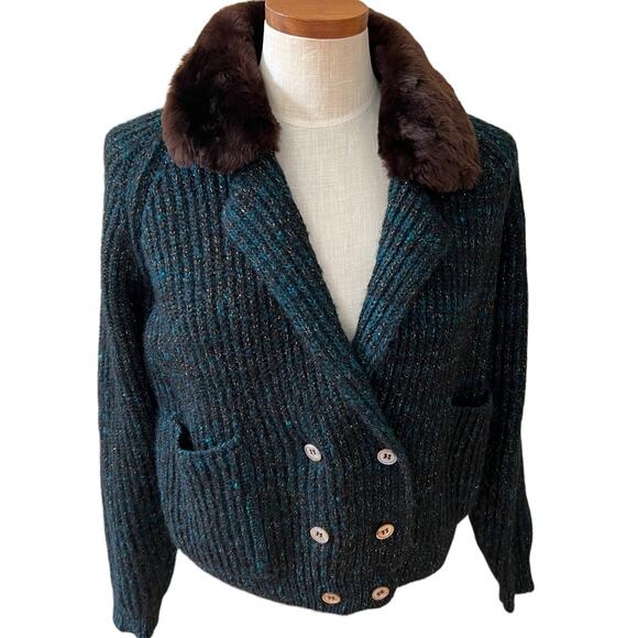Vintage Liz Claiborne ribbed knit dressy sweater with faux fur collar - Picture 1 of 8